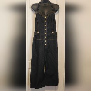 Bisou Bisou Black Denim Halter Jumpsuit with Gold Buttons Size M EUC
